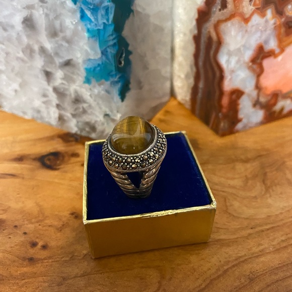 Vintage Tigers eye and Marcasite Ring Sterling Silver - Picture 5 of 7